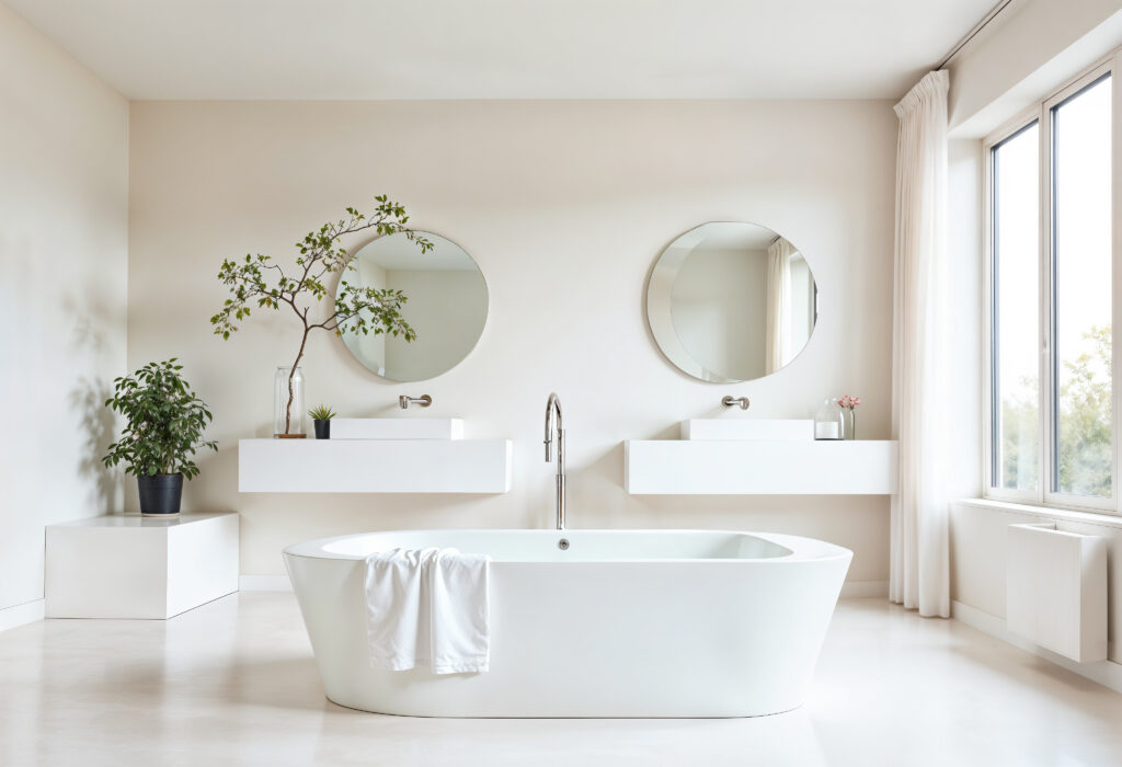 Minimalistisches Badezimmer mit freien Badewanne.