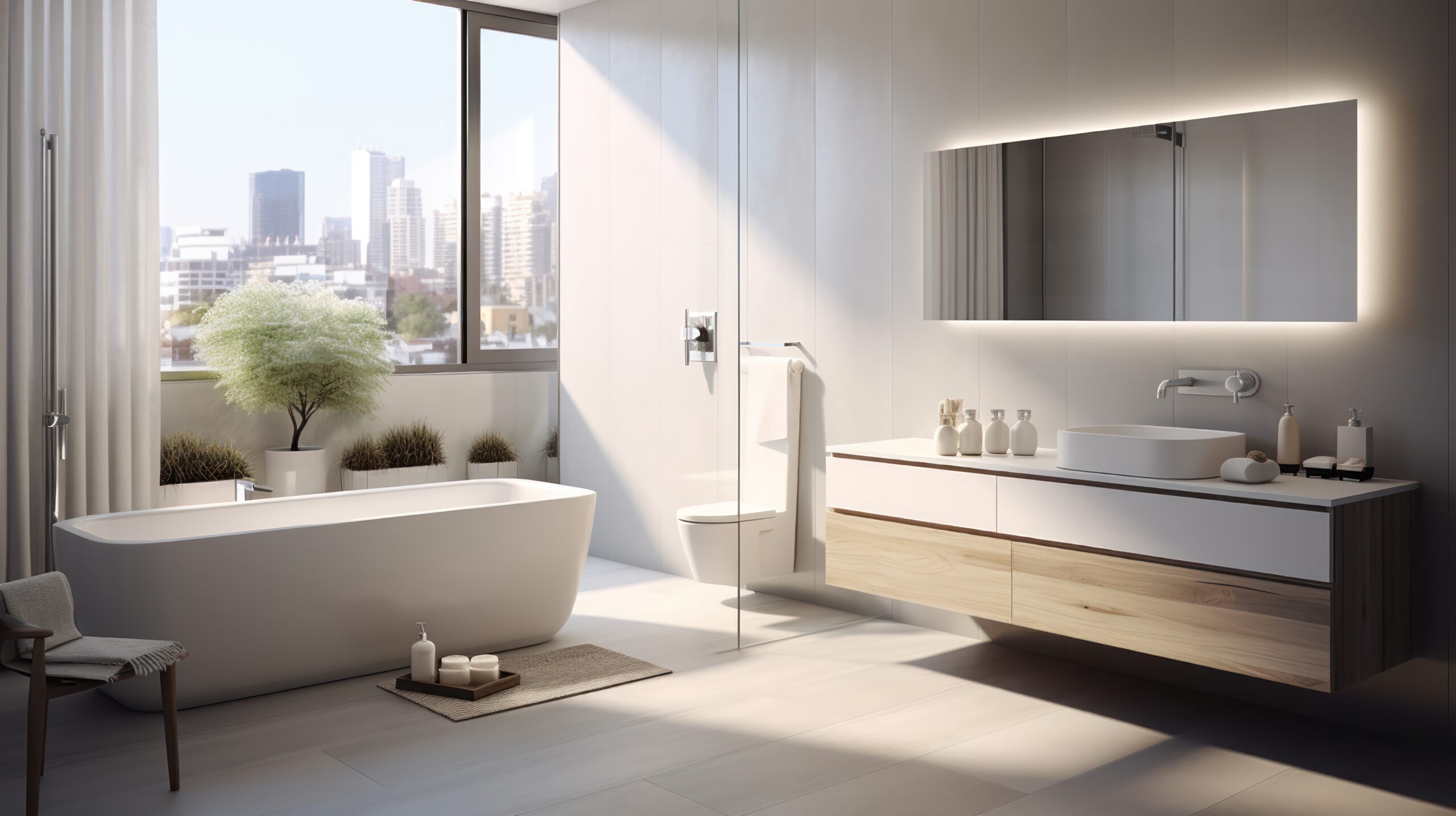 Modernes Badezimmer mit Stadtblick.