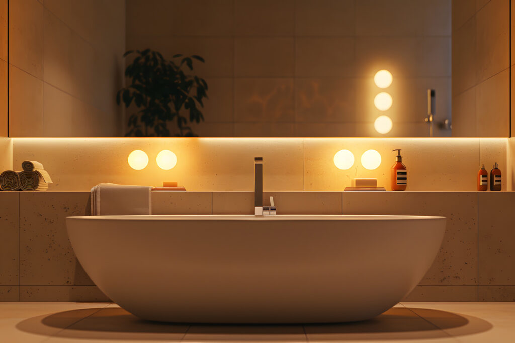 Beleuchtetes Bad mit moderner Badewanne.